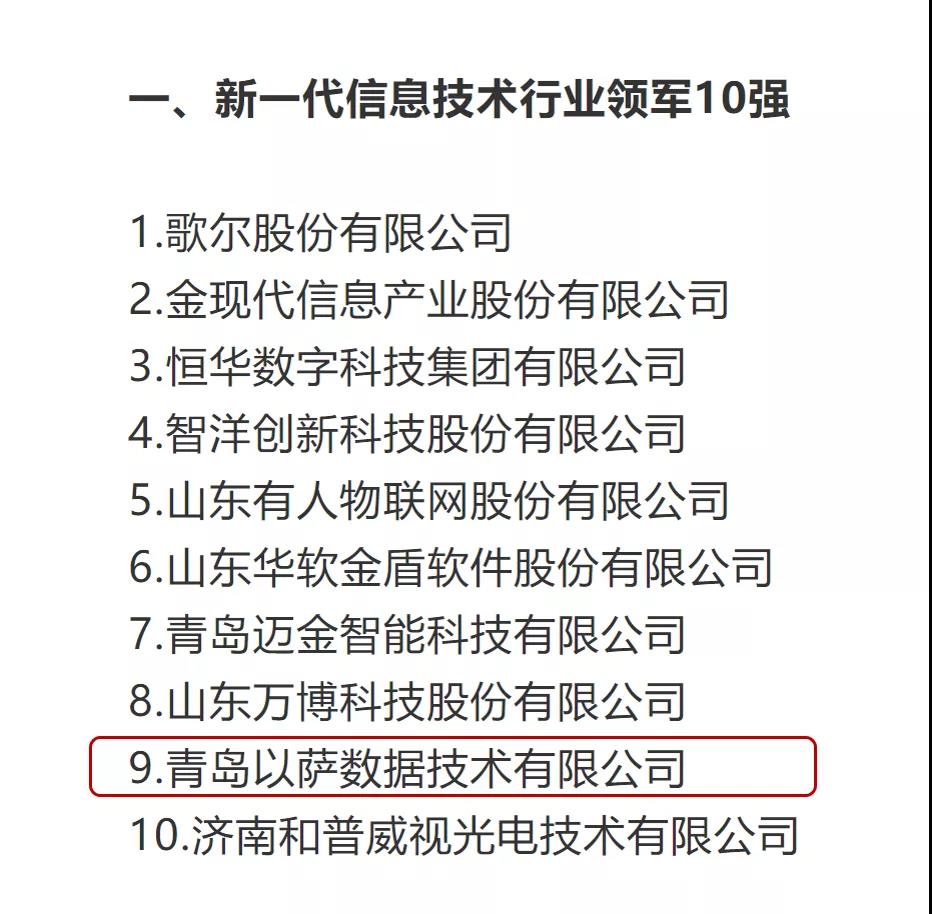 以萨登榜“新一代信息技术行业领军10强”和“山东民营企业创新100强”